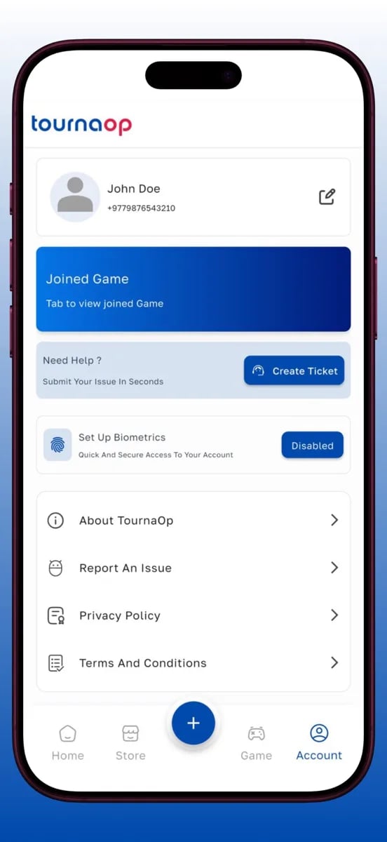 Tournaop app screen