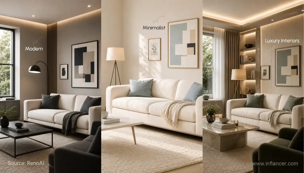 Sofa in modern, minimalist, and luxury room interiors. Source: RenoAI