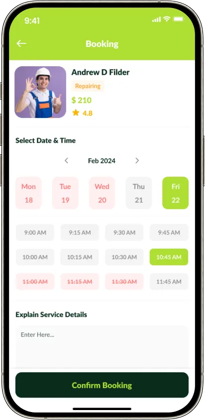 Handy book appointment screen
