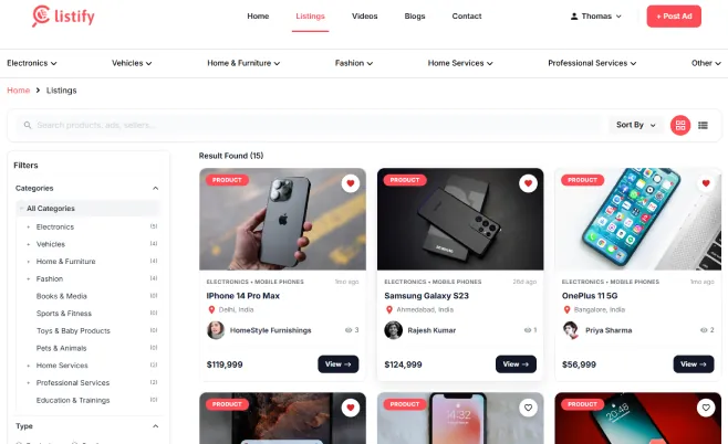 Listify web product listings page