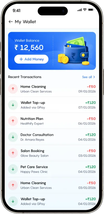 Bookento wallet — add money and credits