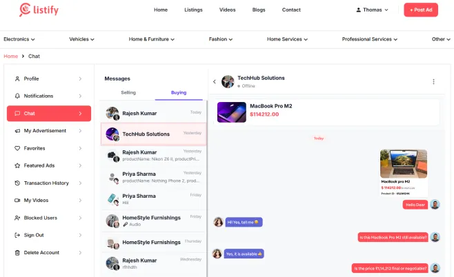 Listify web chat interface