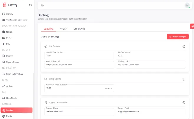 Listify admin — Settings & configuration