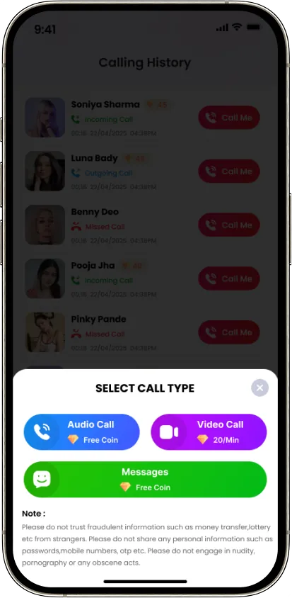 Audio and video call type selection
