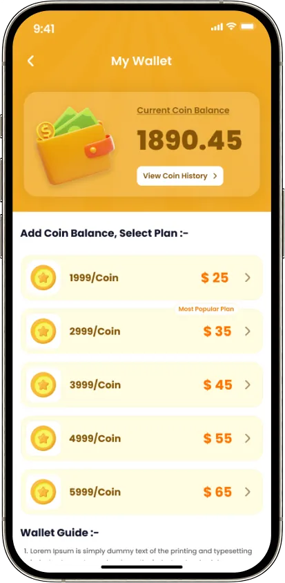 User coin wallet and recharge plans