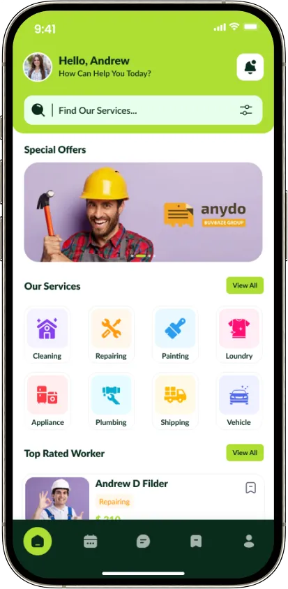 Handy home screen with service categories